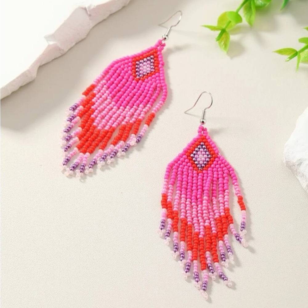 Handmade Phoenix Tail Beaded Earrings - Picture 2 of 3
